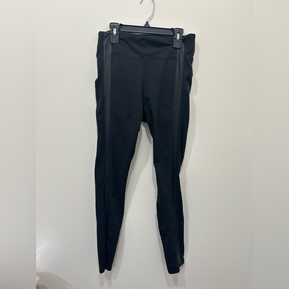 Athleta‎ Leggings Size Small Tall Black Faux Leather Tux Stripe Metro Gym Yoga